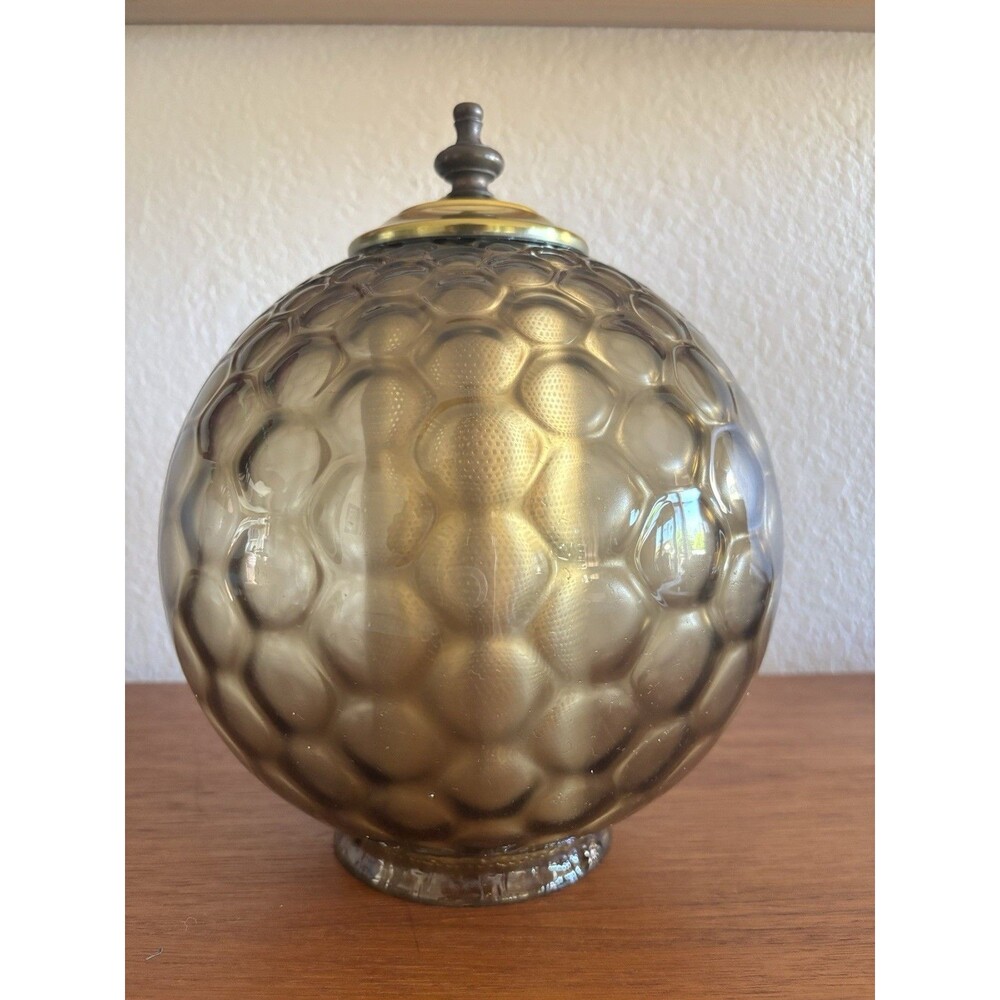 Vintage MCM Smoked Honeycomb Glass 8" Swag Light Globe with Gold Metal Diffuser